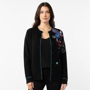 VTG NORM THOMPSON Womens Wool Cardigan Sweater Size XL Embroidered Stars Paisley